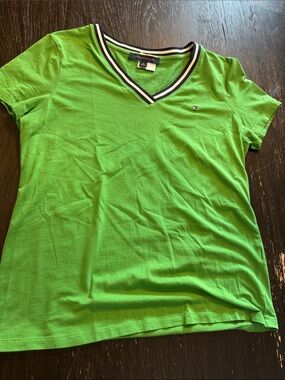 Tommy Hilfiger Bright Green V-Neck Short Sleeve Tee with Striped Trim